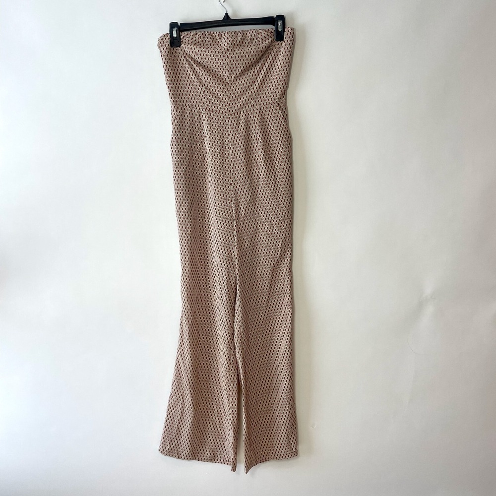 Commense Strapless Jumpsuit One Piece Womens XS Brown‎ Wide Leg All Over Print